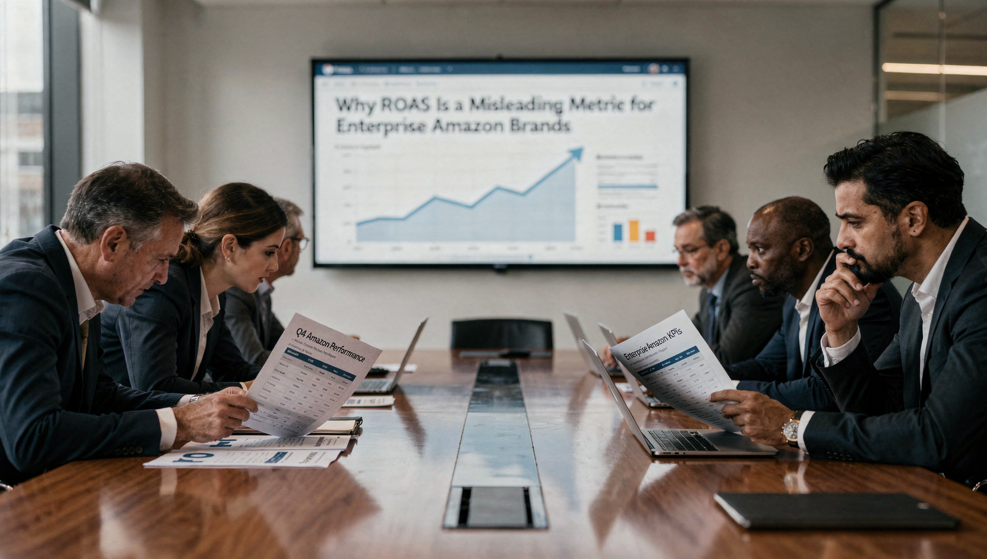 Executives reviewing performance dashboard in boardroom meeting with printed reports on table