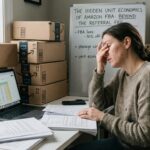 Female business owner reviewing profit and loss documents beside shipping boxes at a wooden table