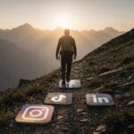 A hiker walking up a mountain path with stepping stones showing Instagram, Facebook, TikTok, and LinkedIn logos, representing a social media growth strategy.