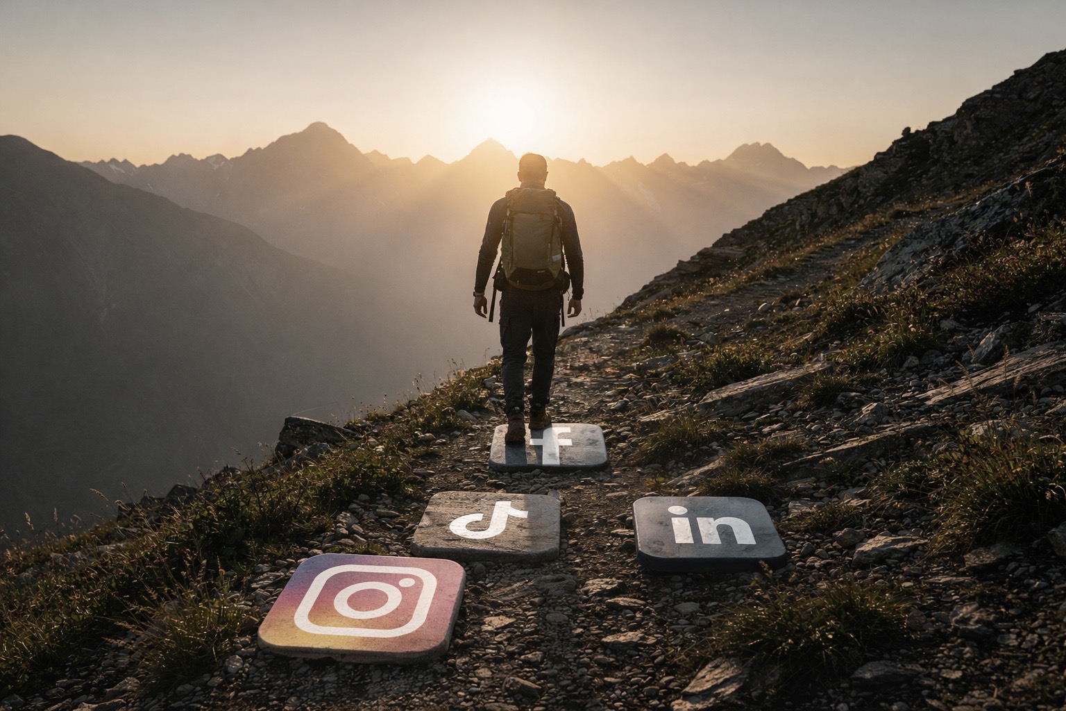 A hiker walking up a mountain path with stepping stones showing Instagram, Facebook, TikTok, and LinkedIn logos, representing a social media growth strategy.