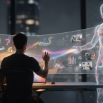 Creative director adjusting visuals in studio surrounded by projected AI-generated campaign imagery