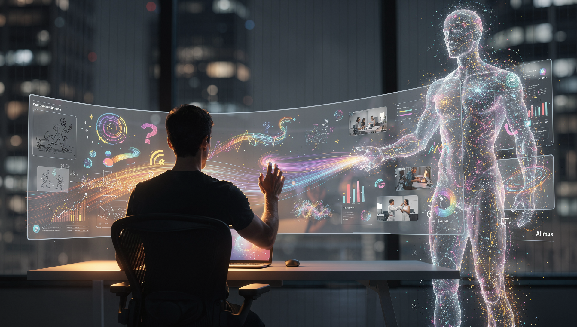 Creative director adjusting visuals in studio surrounded by projected AI-generated campaign imagery