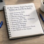Handwritten notebook on a desk listing “10 Most Common Digital Marketing Mistakes We Find During Audits” with bullet points including conversion paths, tracking, and strategy.