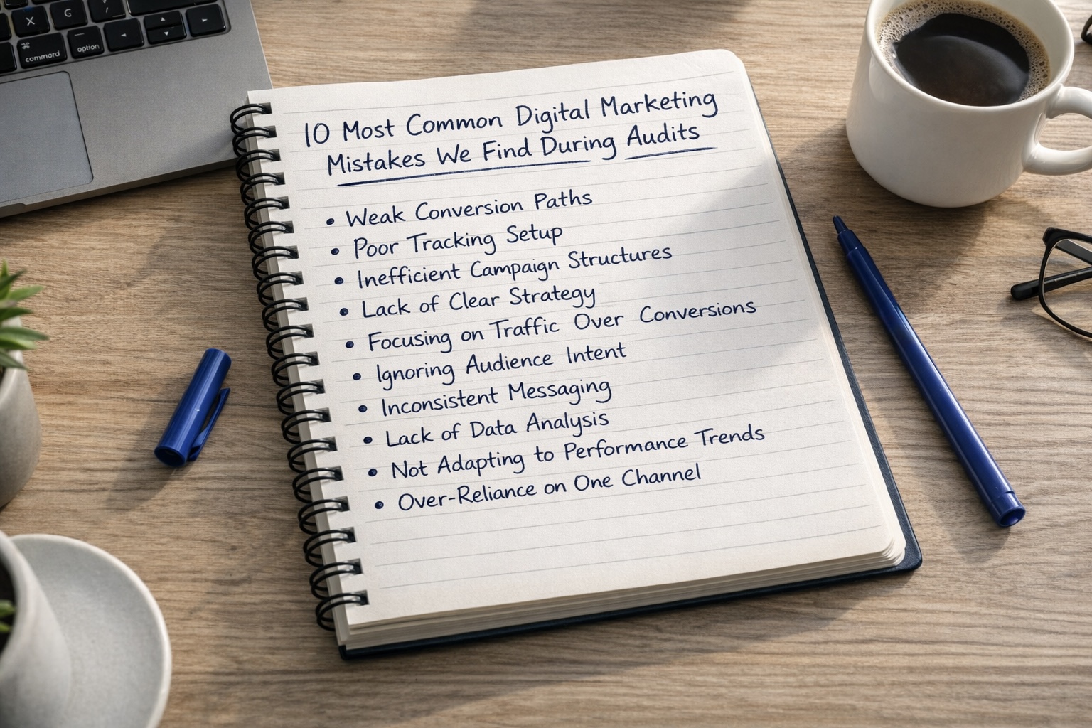 Handwritten notebook on a desk listing “10 Most Common Digital Marketing Mistakes We Find During Audits” with bullet points including conversion paths, tracking, and strategy.