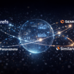 Digital globe surrounded by data visualisations with Ahrefs, SEMrush, Panoramata, and Similarweb logos connected by glowing lines.