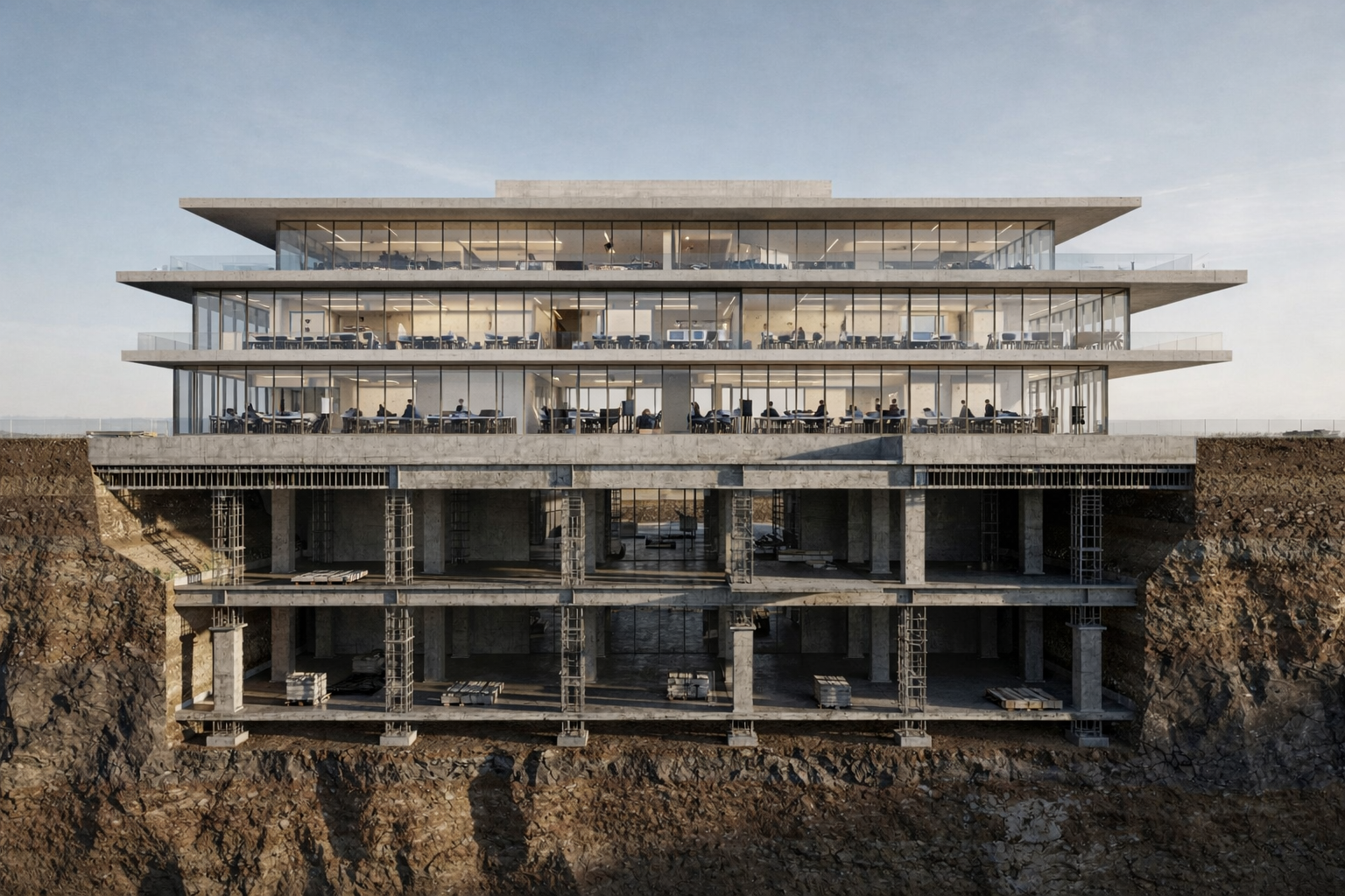 “Modern office building with visible underground foundations, showing structural infrastructure beneath a working office environment.