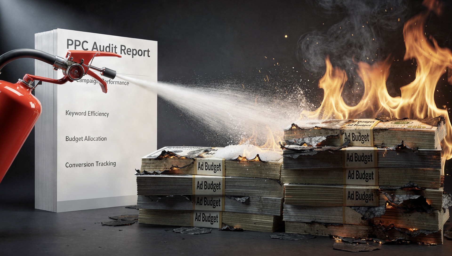 Illustration showing a PPC audit report extinguishing burning stacks of ad budget, symbolising how PPC audits eliminate wasted advertising spend.