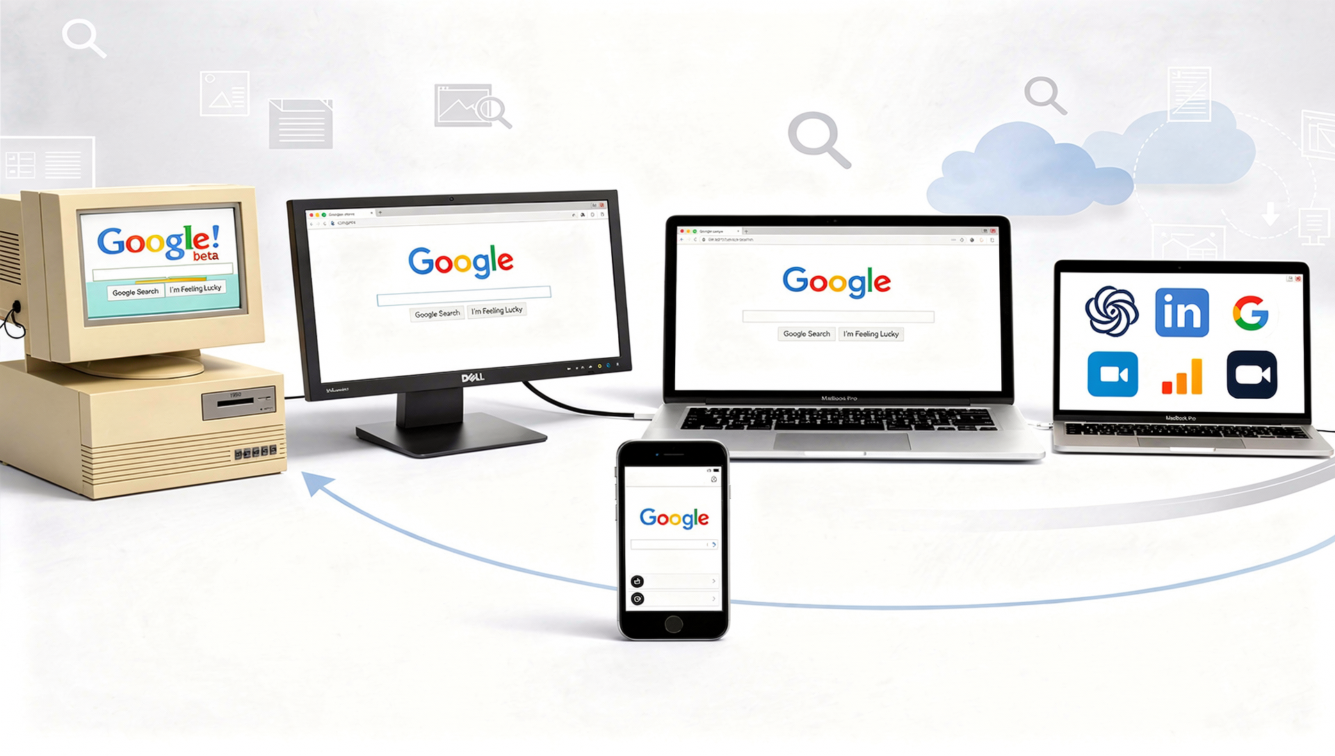 Visual timeline showing the evolution of Google Search from a 1998 desktop interface to modern laptops and mobile devices, with AI tools like ChatGPT and LinkedIn.
