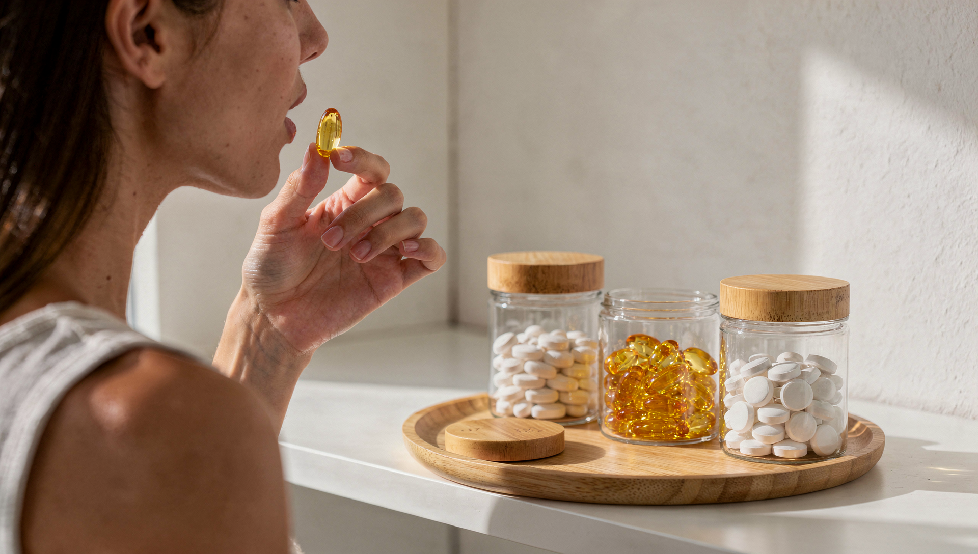 Woman taking a fish oil supplement from small glass storage jars, representing health and supplement products sold on Amazon