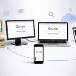 Illustration showing the evolution of Google Search across devices, from an early desktop computer to modern laptops, smartphones and AI-powered tools like ChatGPT and Gemini.