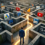 Business strategist navigating a maze of digital marketing channels and analytics platforms, with a glowing path representing clarity provided by a marketing audit.