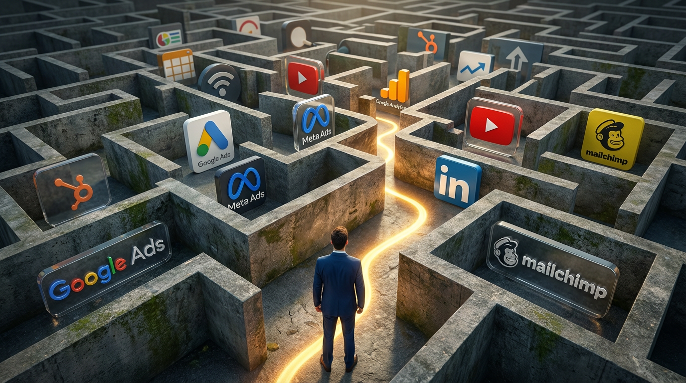 Business strategist navigating a maze of digital marketing channels and analytics platforms, with a glowing path representing clarity provided by a marketing audit.