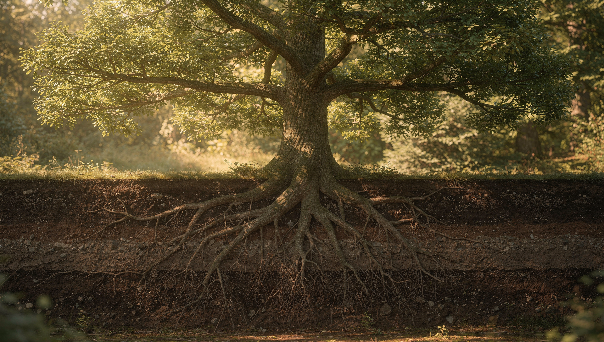 Large tree with an extensive root system beneath the ground, showing the connection between visible growth and underlying structure.