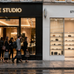 A modern high street comparison showing a busy branded retail store with high footfall next to an empty unbranded shop, illustrating the importance of branding in attracting customers.