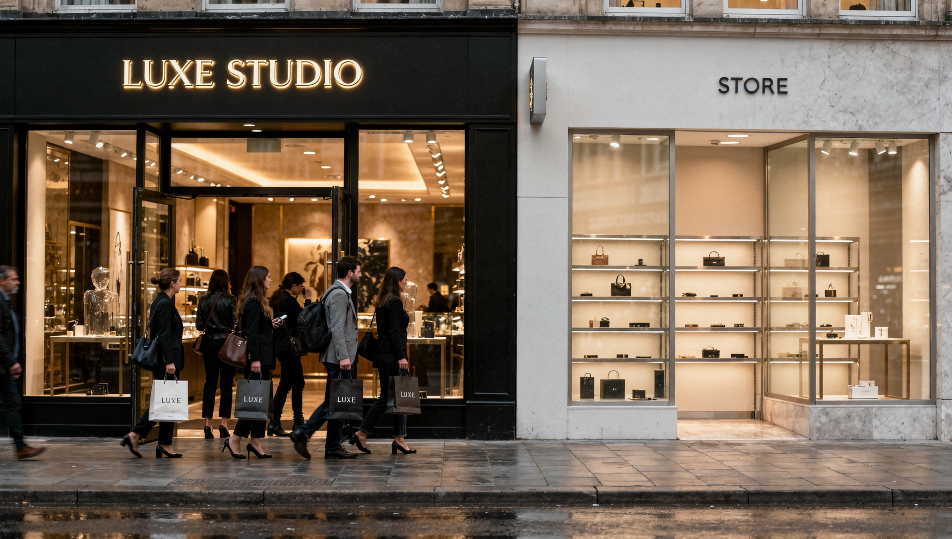 A modern high street comparison showing a busy branded retail store with high footfall next to an empty unbranded shop, illustrating the importance of branding in attracting customers.