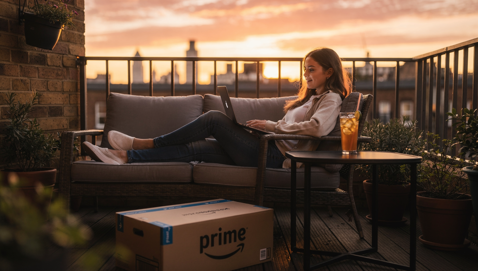 Woman shopping online on a laptop in a garden at sunset with a parcel box and summer items, representing British Summer Time Amazon buying behaviour.
