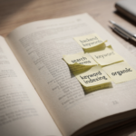 Open book on a desk with sticky notes highlighting backend keywords and search terms, illustrating hidden Amazon SEO signals.