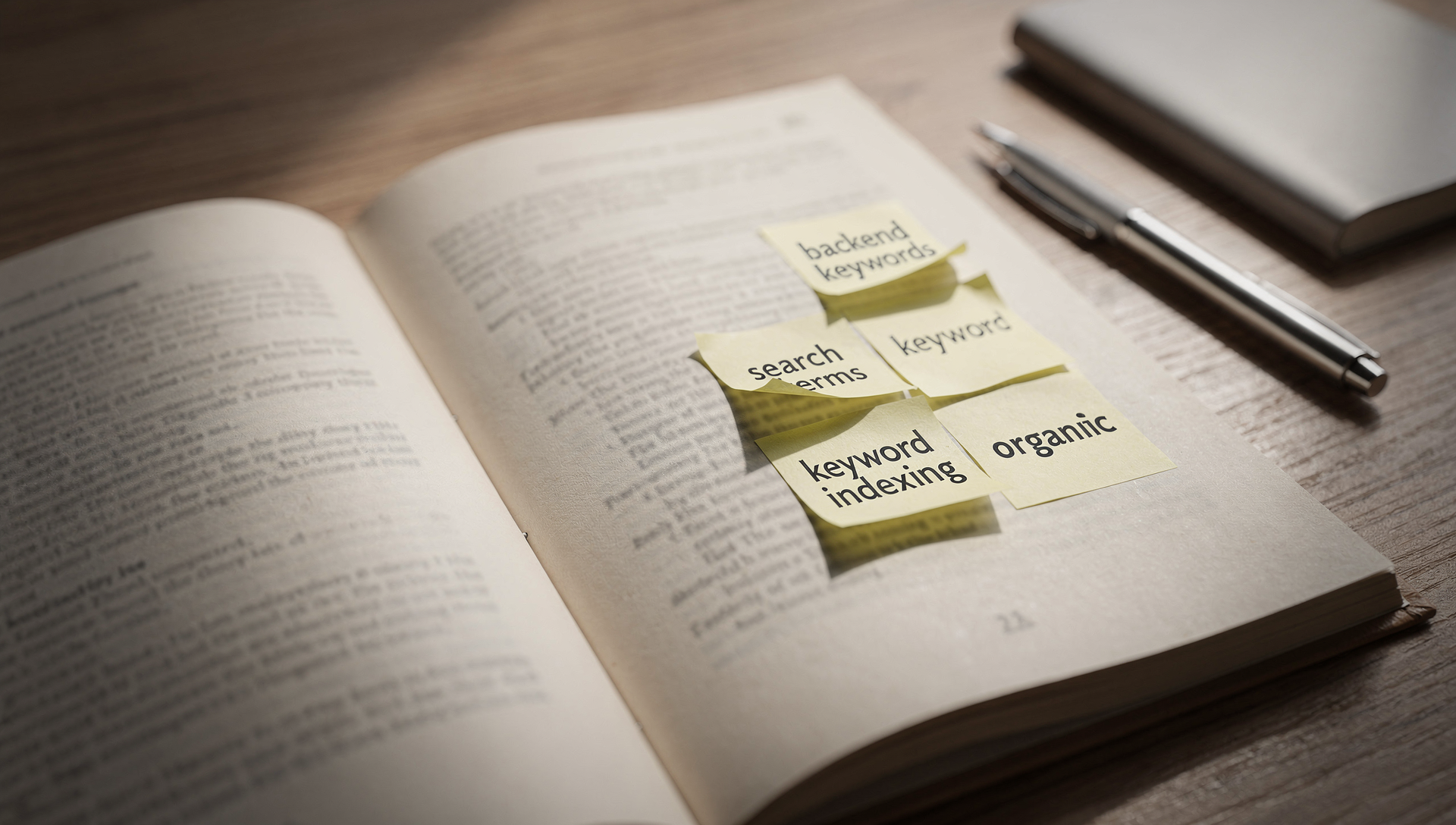 Open book on a desk with sticky notes highlighting backend keywords and search terms, illustrating hidden Amazon SEO signals.