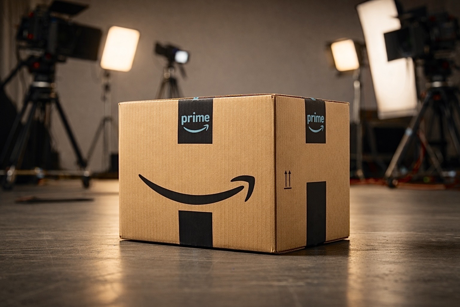 Amazon Prime delivery box on a studio floor with film lighting equipment in the background, symbolising video advertising and streaming content.