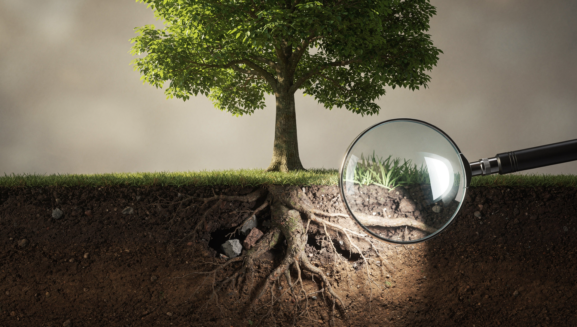 Tree with strong green canopy above ground and damaged roots exposed below the soil, representing how SEO audits uncover hidden issues that affect long-term website growth.