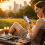 Woman sitting on a park bench in London at sunset browsing books on her phone, with a parcel box and books beside her, representing Amazon shopping behaviour during British Summer Time.