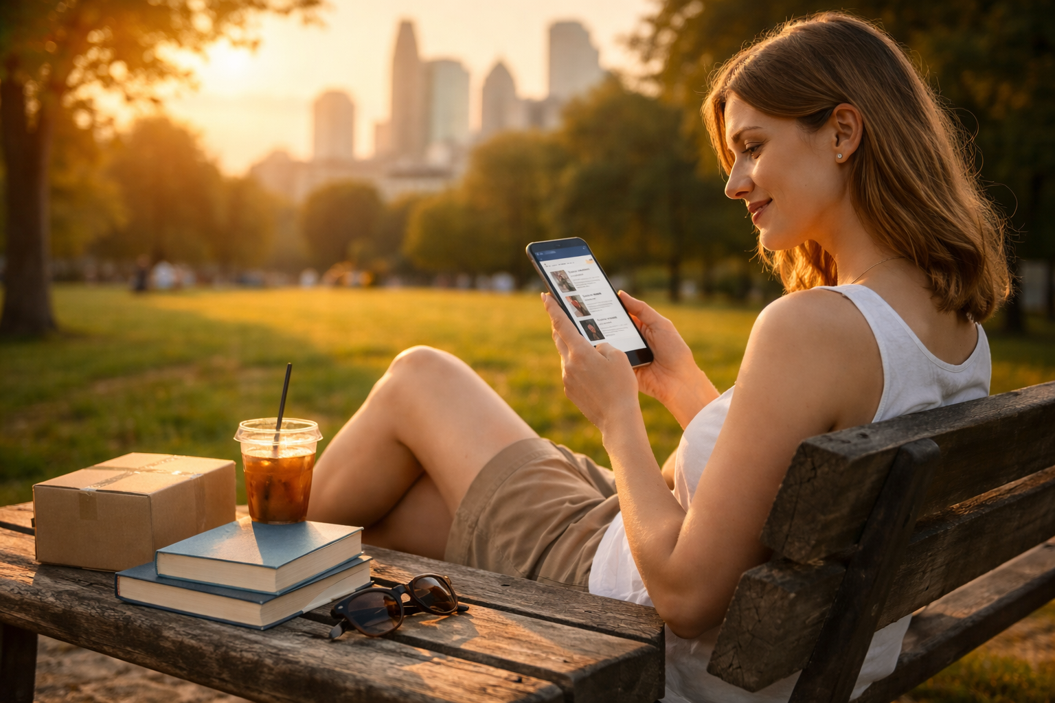 Woman sitting on a park bench in London at sunset browsing books on her phone, with a parcel box and books beside her, representing Amazon shopping behaviour during British Summer Time.