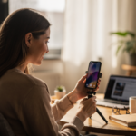 Woman creating content on a smartphone tripod for a social media ad campaign, showing behind-the-scenes content production for digital marketing.