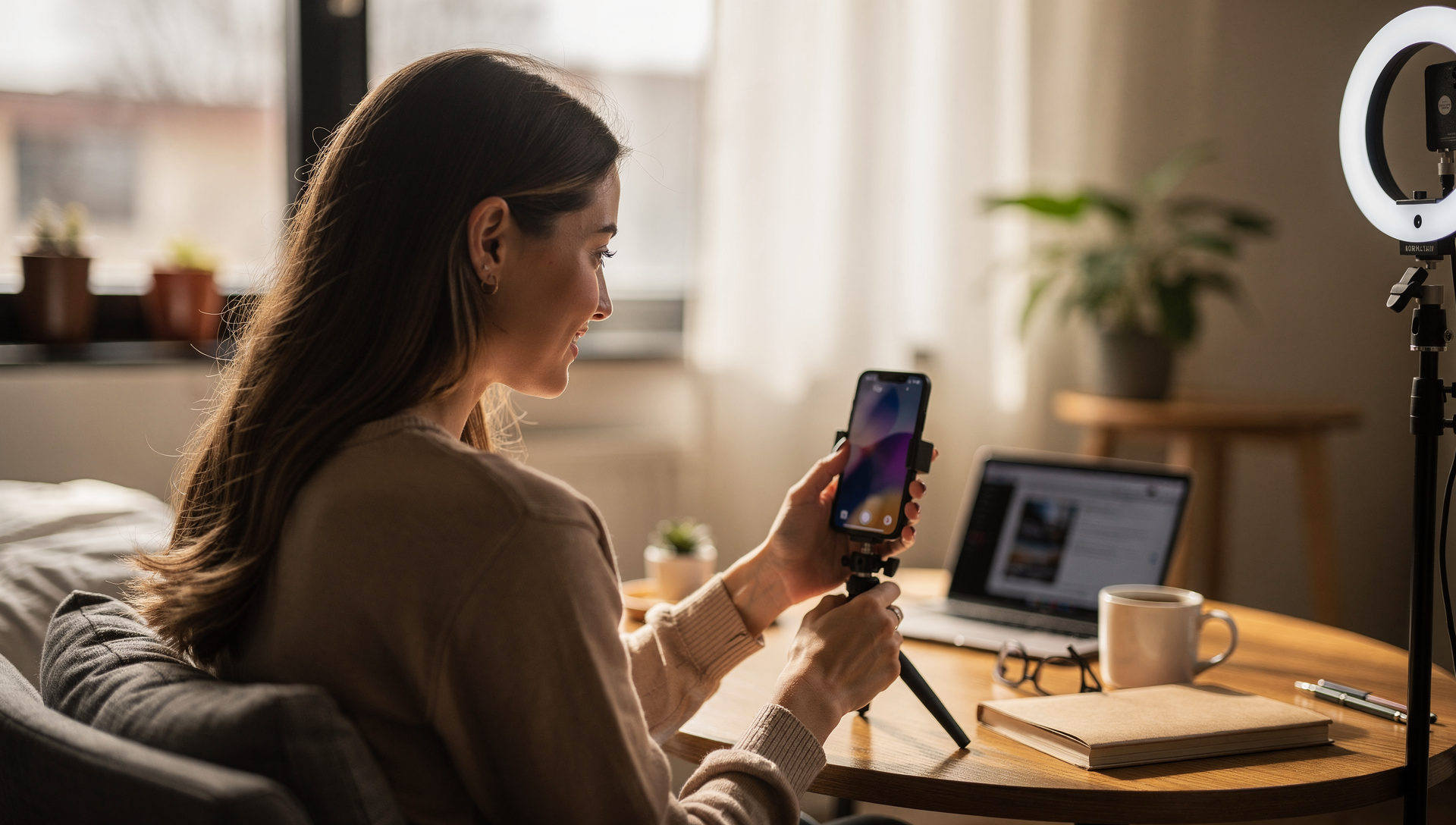 Woman creating content on a smartphone tripod for a social media ad campaign, showing behind-the-scenes content production for digital marketing.