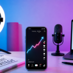 Smartphone displaying TikTok-style engagement metrics beside a ring light, microphone, laptop analytics dashboard, and content strategy notebook in a modern content creator workspace.