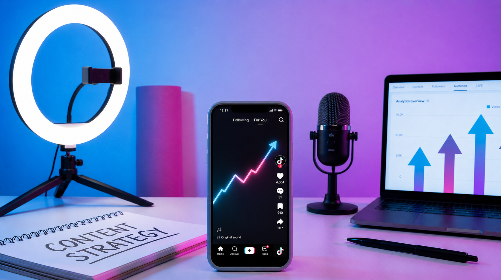Smartphone displaying TikTok-style engagement metrics beside a ring light, microphone, laptop analytics dashboard, and content strategy notebook in a modern content creator workspace.